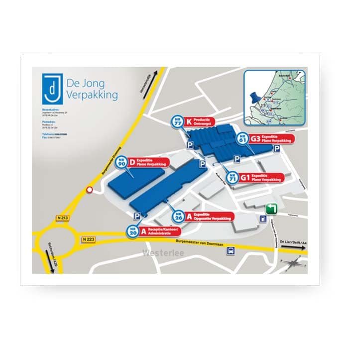 Plattegrond van bedrijfshallen van De Jong Verpakking